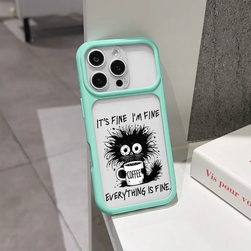 Transparent Phone Case with Mint Green Border, Frizzy Black Kitten Graphic, Printed with Text "It's Fine", Coffee Kitten Lens Protective Cover. Fun & Whimsical Shockproof Soft Case, Compatible with iPhone 17, 16, 15, 14, 13, 12, 11, XS, XS Max, XR, Plus,