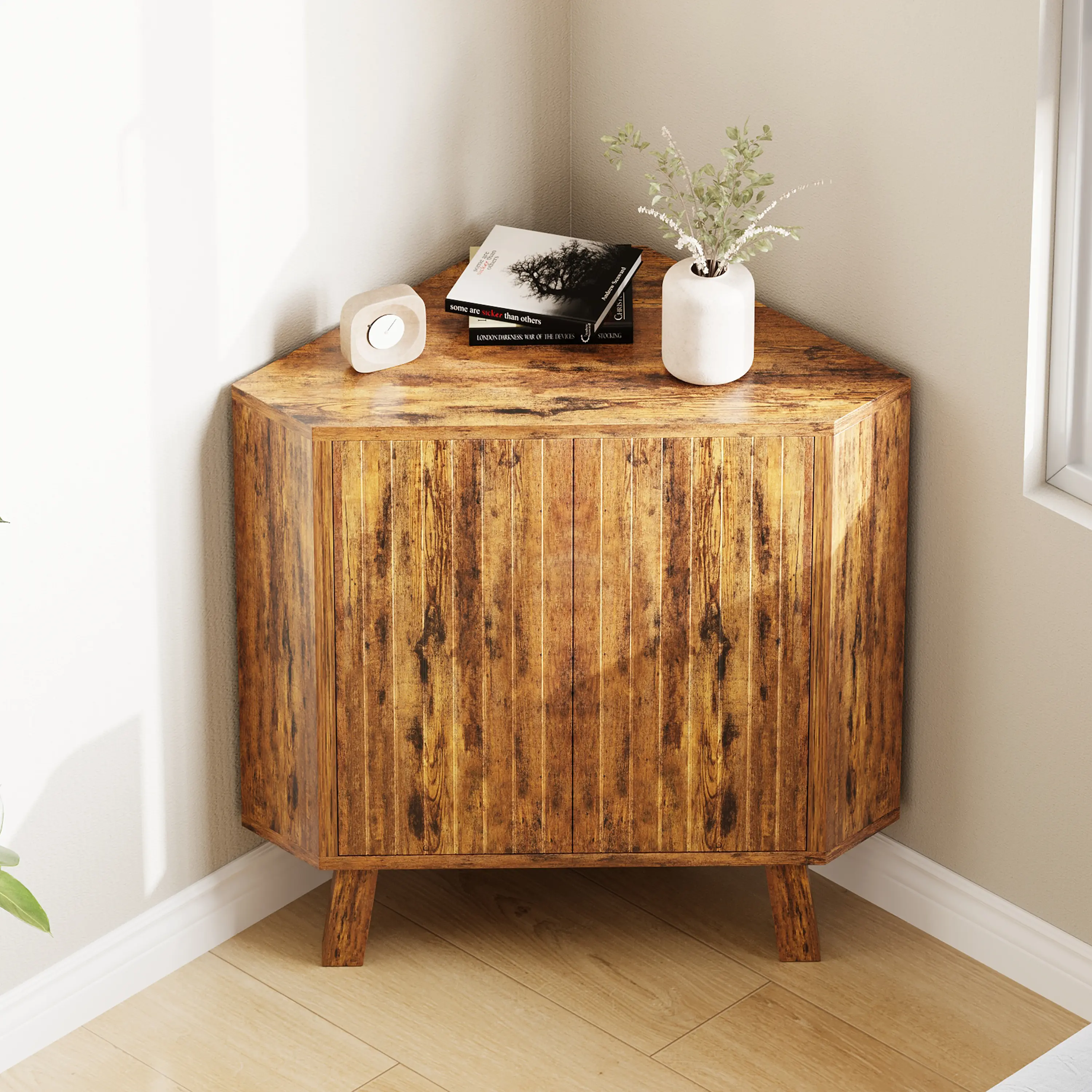 Rustic Brown Corner Storage Cabinet, Triangle Freestanding Cabinet with Fluted Double Doors, Adjustable Shelf, Auto-Rebound Doors & Wood Legs, Accent Cabinet for Bathroom, Living Room, Bedroom