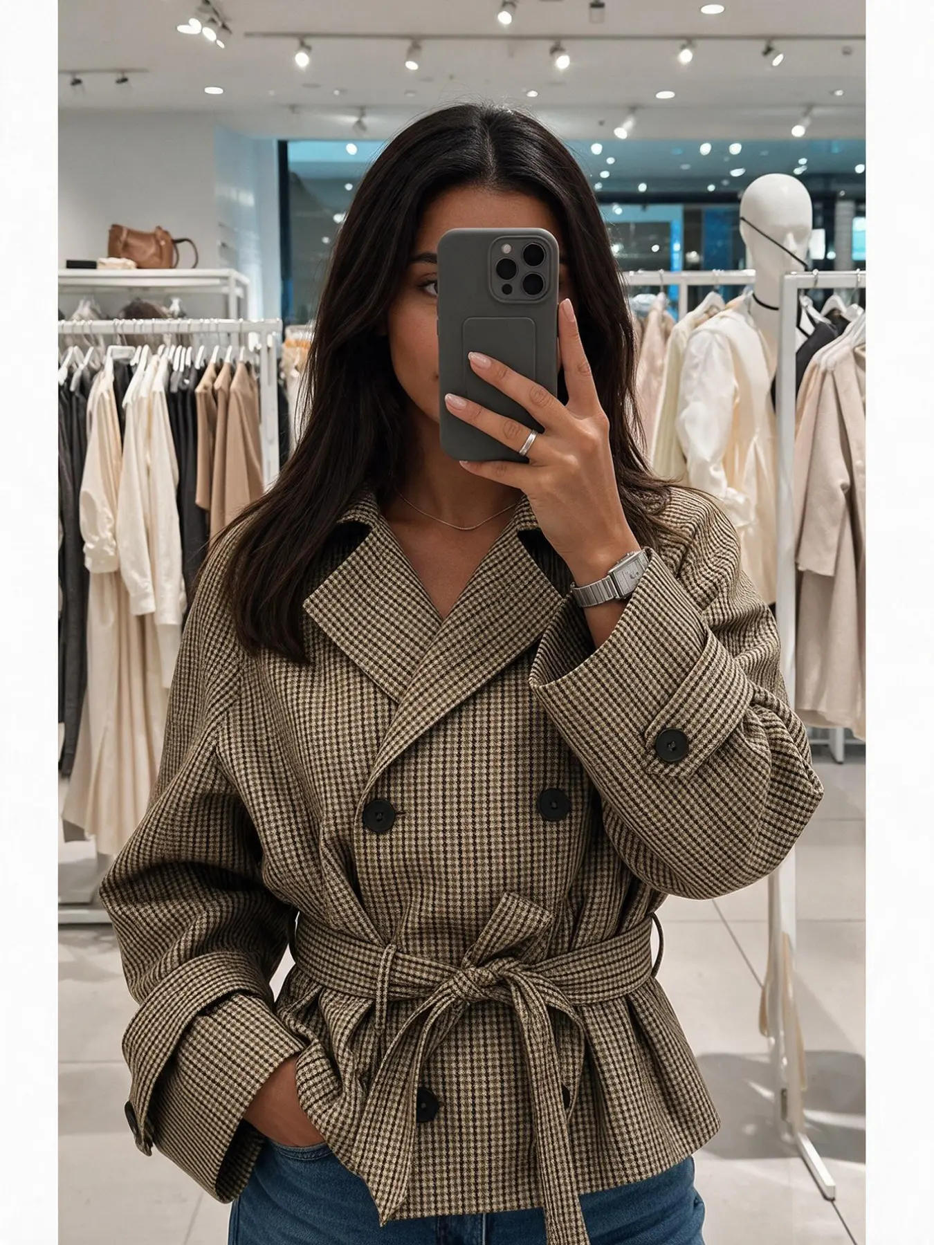 Women's Vintage Plaid Tie Jacket, Elegant Autumn Checkered Casual Coat, Loose-Fitting Outerwear, Plain Surface, No Zipper, Batch Number 2026-3-12