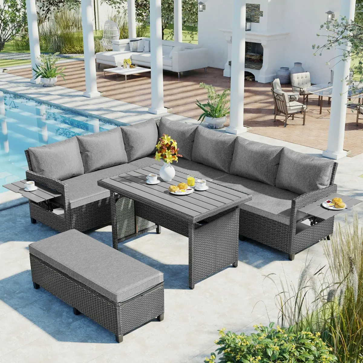 AobtkelTOMAX 5-Piece Sectional Corner Multi-Piece Outdoor Patio PE Rattan L-Shaped Sofa Set with 2 Extendable Side Tables, Dining Table & Washable Covers for Backyard, Poolside (Grey) WL