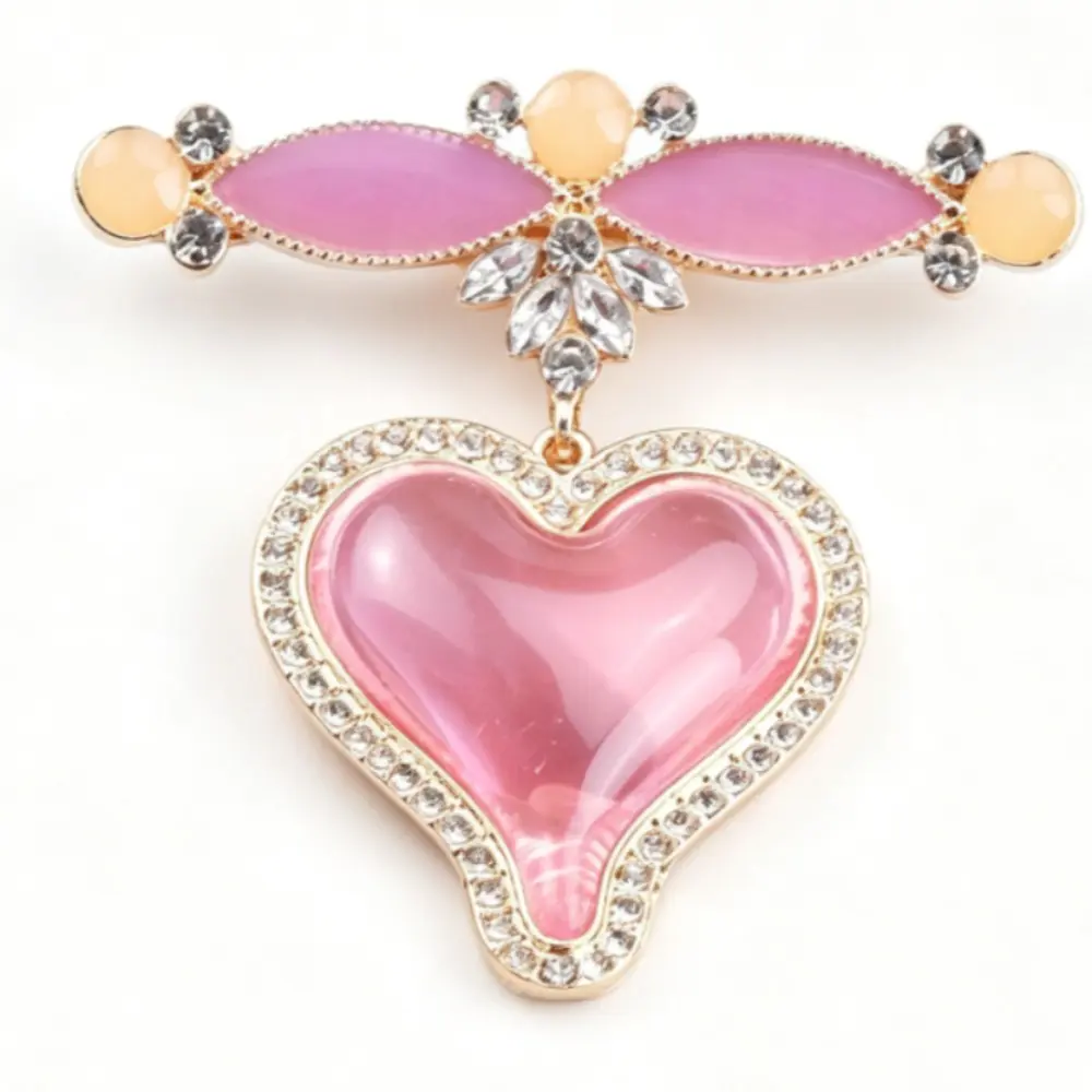 Unisex Vintage Pink Heart Brooch Gold-Tone Alloy Love Pin with Crystal Accents for Daily Wear Gifting