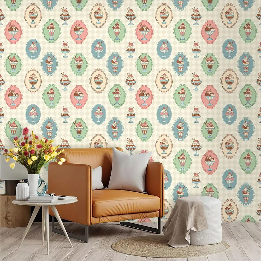 Vintage Dessert Theme Wallpaper, PVC Material, Peel and Stick, Suitable for Kitchen/living Room/bedroom, Mould-Proof, Repeat Pattern