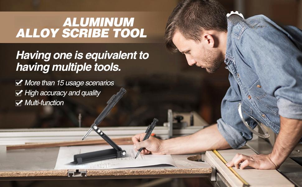 Multi-function Scribing Tool- Construction Pencil- Aluminum Alloy Scribe Tool with Deep Hole Pencil,DIY Woodworking Scribe Gauge Scriber Line Maker Measuring Tool,Gifts For Men(5.5Inch BLACK)