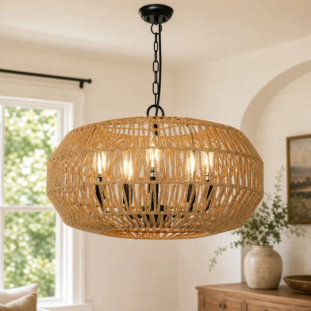 ARCH Farmhouse Rattan Pendant Light Fixture - 5-Light Hand-Woven Natural Rattan & Metal Canopy Chandelier, Adjustable Height, 40W Per Bulb, E12 Bulbs, Boho Rustic Vintage Dining Room Bedroom Lighting, Brown