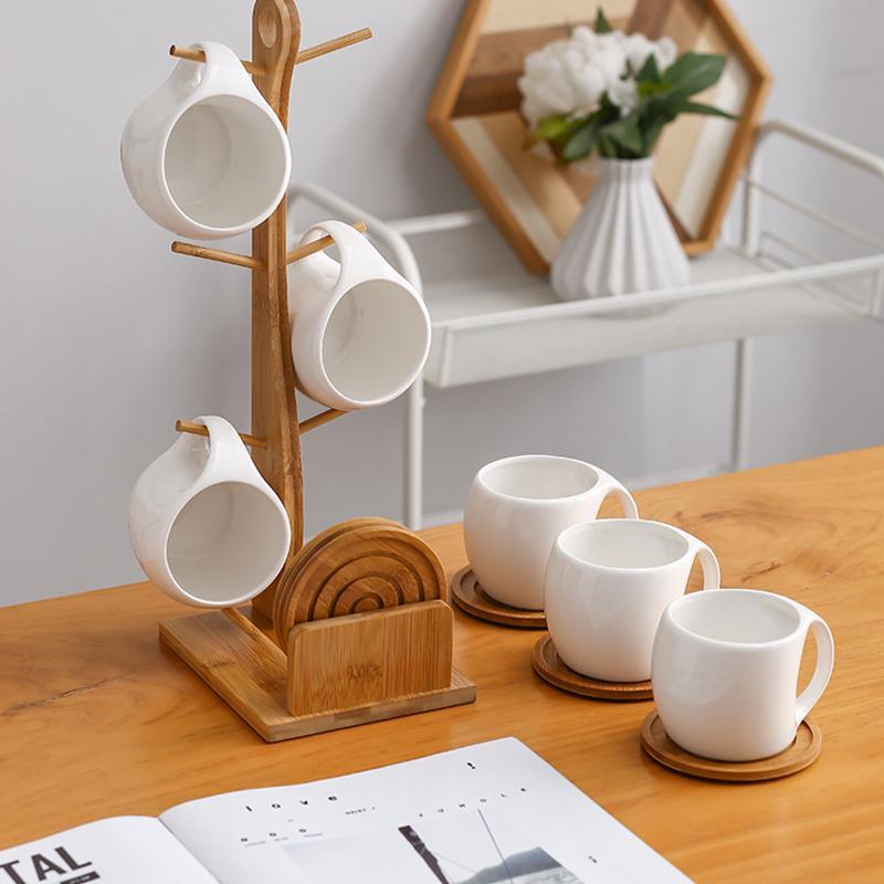 Ceramic Coffee Cup Set with Wooden Stand, 1 Set Including 6 Counts Coffee Cups & 1 Count Wooden Stand & 6 Counts Saucer, Drinkware for Home Office, Coffee Shop Cups