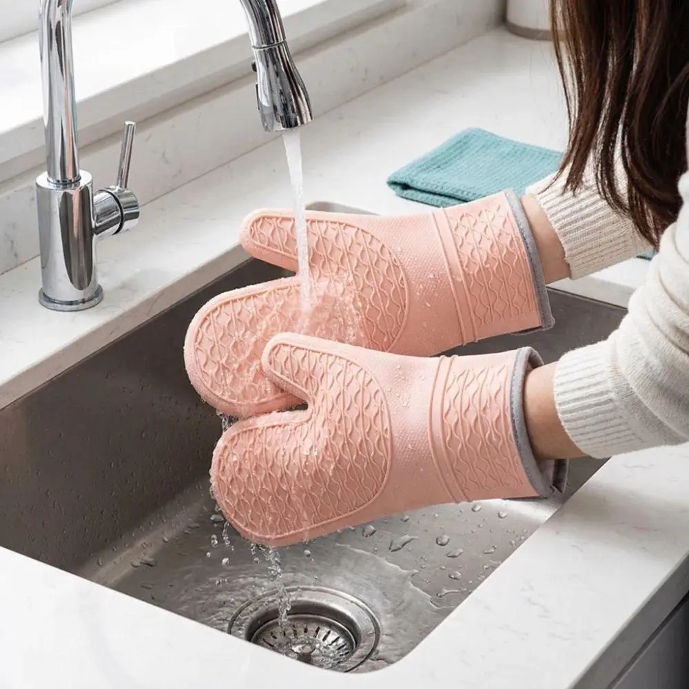 Professional Silicone-Cotton Oven Mitts - Heatproof, Waterproof, Reusable, Lightweight, Textured Honeycomb Non-Slip Grip, Mitt Shape, Cotton Lining for Kitchen Cooking BBQ Use