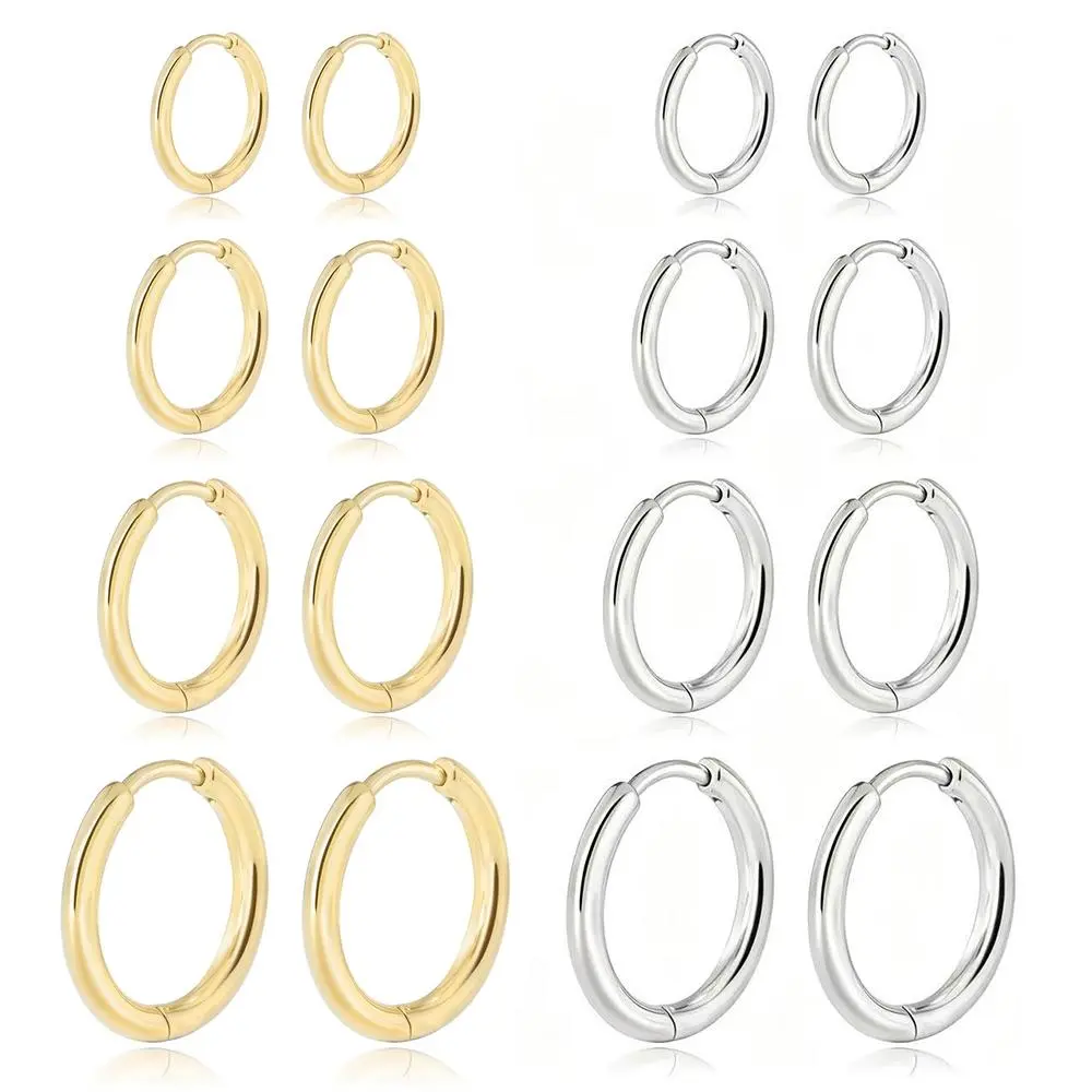 8Pcs(4-Pairs) Unisex Hoop Earrings Set For Men Women, 316L Stainless Steel 6mm 8mm 10mm 12mm 14mm Stackable Hypoallergenic Earrings Hoop Cartilage Helix Earrings Versatile Daily Wear & Party Jewelry