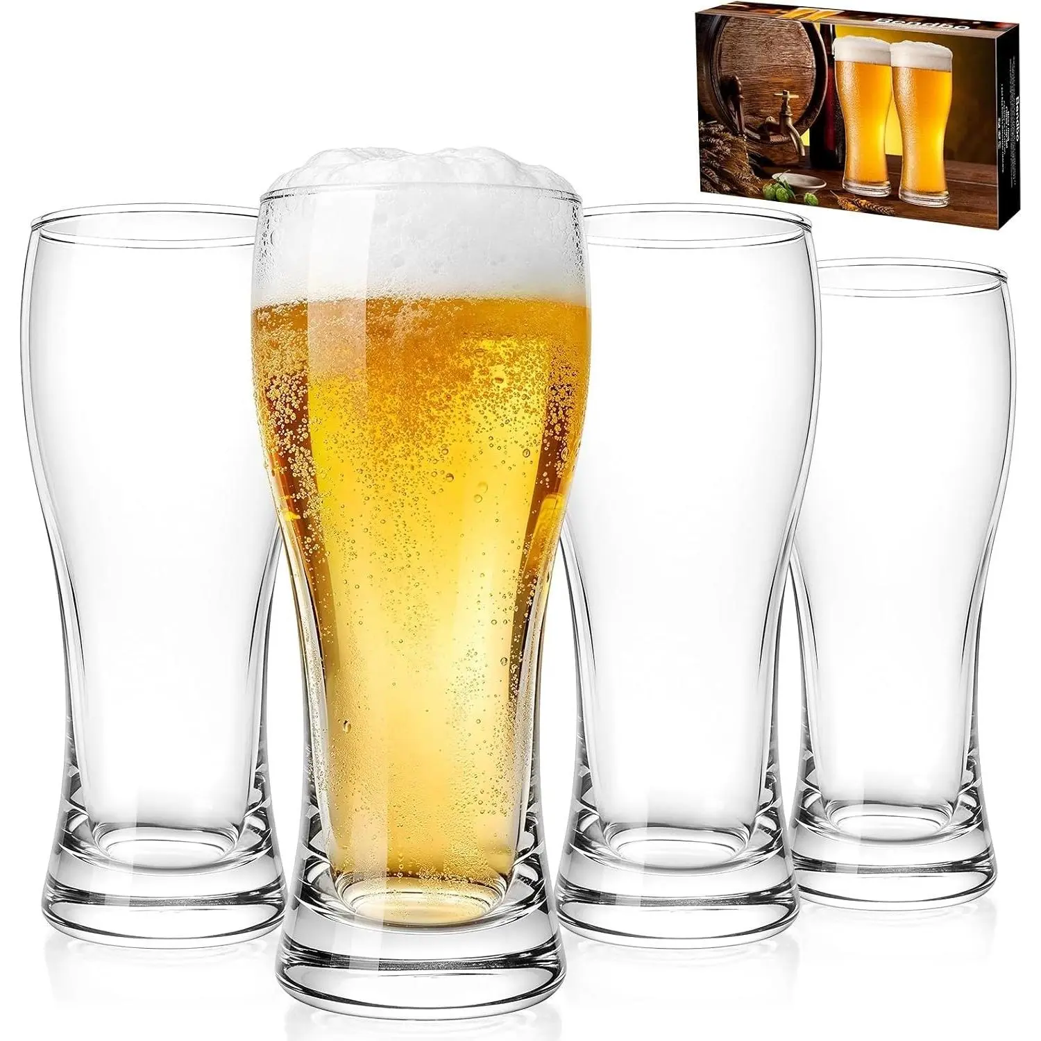 Beer Glasses Set of 4, 16 oz Pilsner Beer Pint Glasses, Classics Craft Wheat Beer Glasses Drinking Set, Beer Mug Glassware Gift for Men