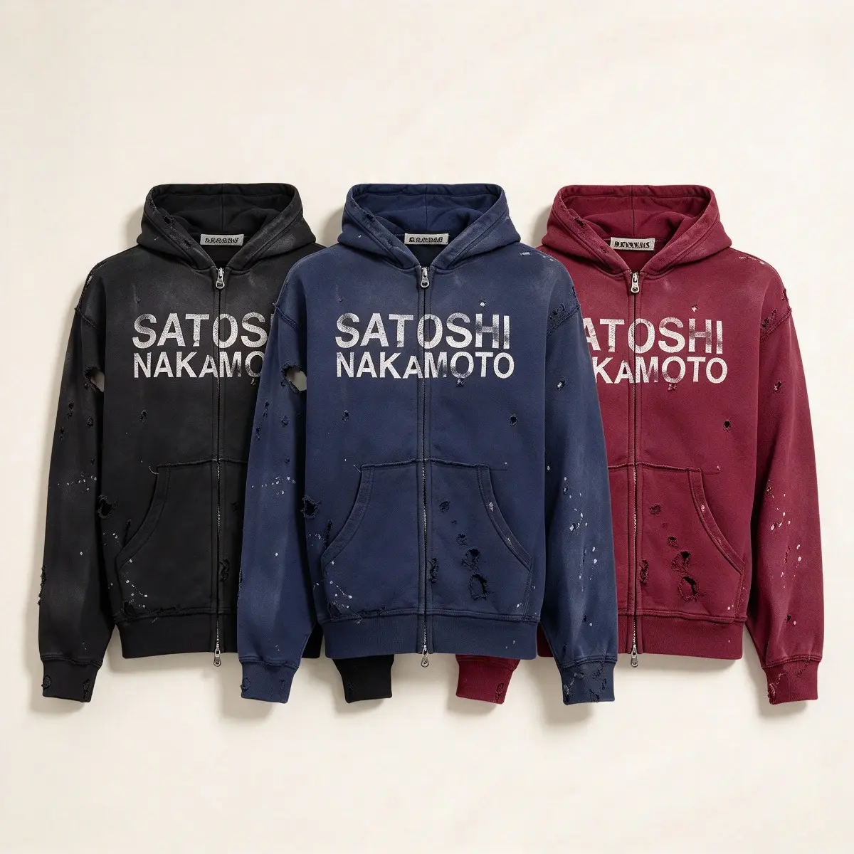 Men's Satoshi Nakamoto Distressed Zip Hoodie, Black Navy Burgundy Vintage Jacket, Oversized Fleece Hoodie, Y2K Streetwear Top, Hip Hop Casual Outerwear Pair With Jeans Pants