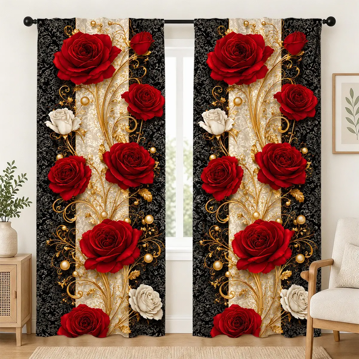 2 pieces of retro black, gold, and red rose Window Curtains, European court floral printed curtains, pole pocket curtains, luxurious living room decorations, romantic bedroom curtains, and classic estate home textiles
