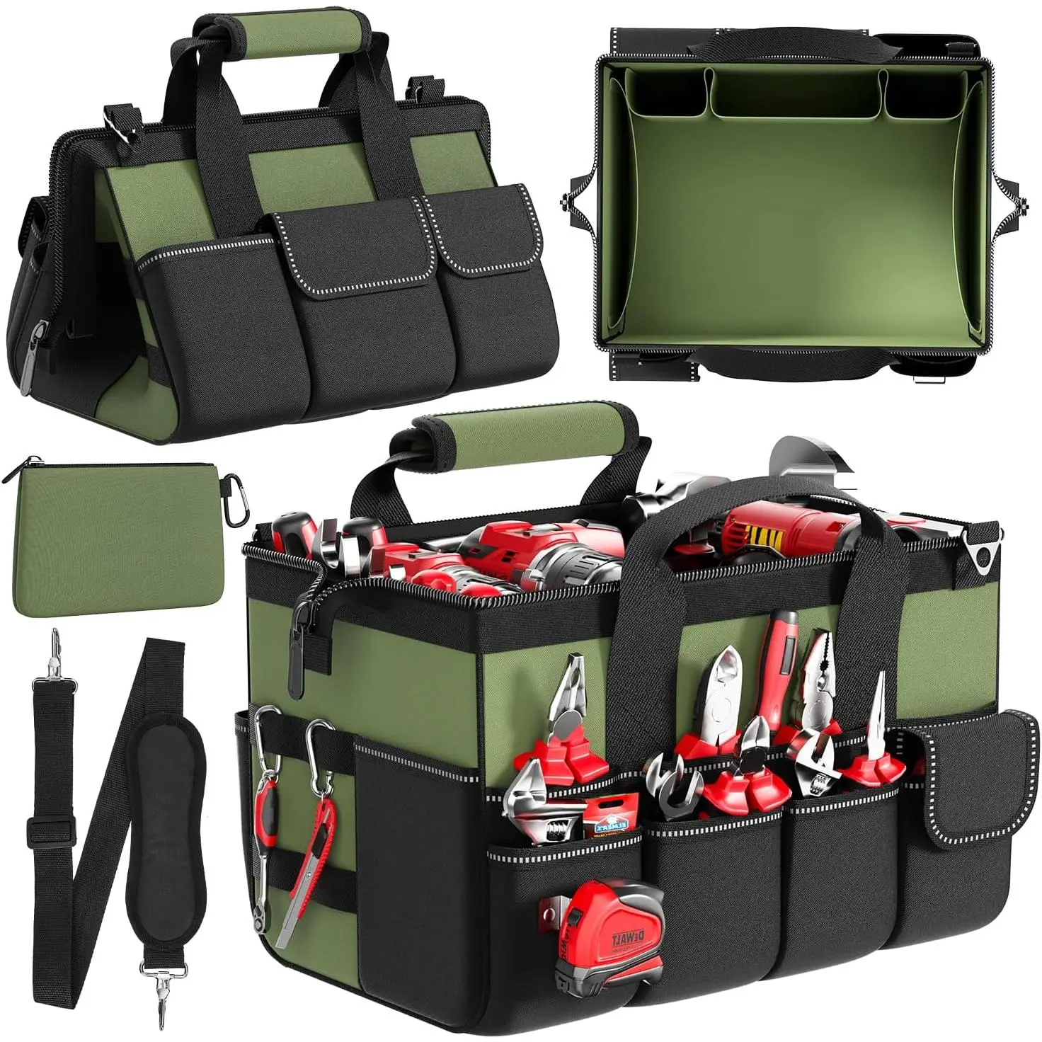Tool Bag 15.5 Inch with 1 Pouch |       17-Pocket Portable Tool Box Organizer Storage with Adjustable Strap, Soft Handle and Durable Zipper |       Heavy Duty Tool Bags  Men, Father’s Day (Green)