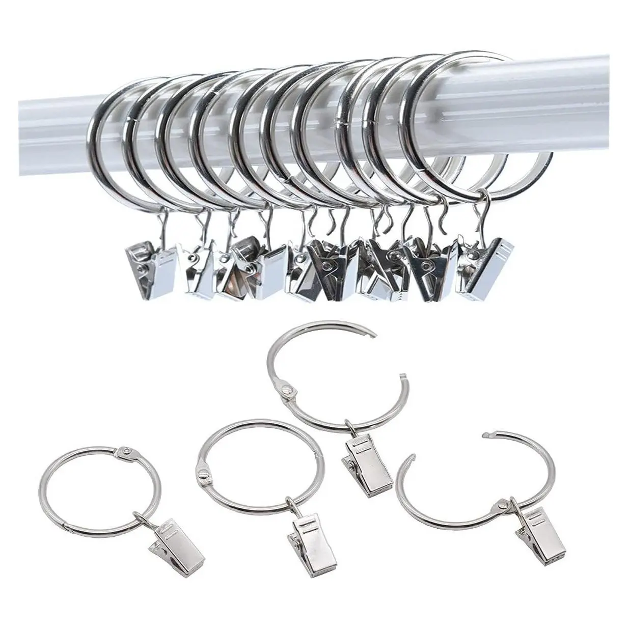 40 Pack Silver Metal Openable Curtain Rings with Clips, 1.5 Inch Interior Diameter Drapery Hooks for Curtain Rod, Decorative Window HardwareGift