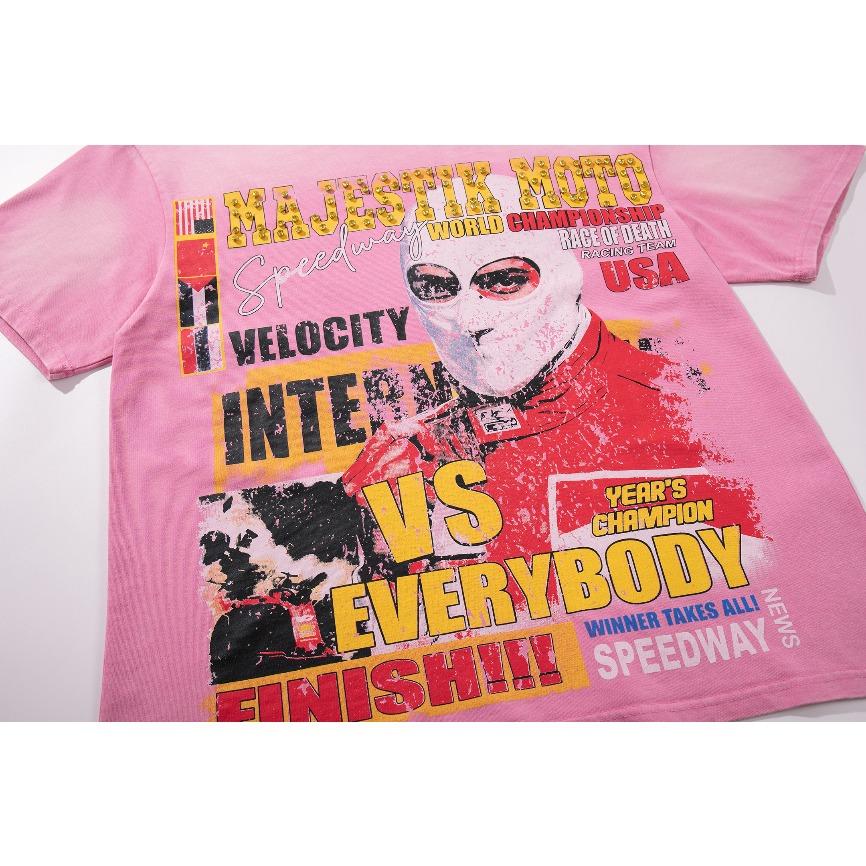 Y2K Oversized Pink Majestik Moto Racing Graphic Tee Cotton Soft Breathable Fabric Casual Streetwear Daily Wear Party Outfit Hip Hop Style Men Women Unisex Trendy Vintage Fashion Comfortable Fit