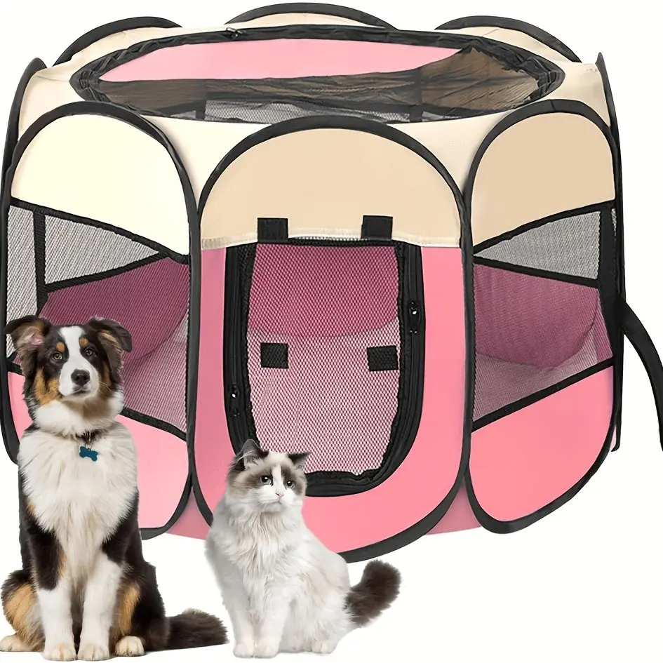 Foldable Pet Fence with Roof, Octagonal Grid Design, Lightweight Soft Cage for Small to Large Dogs and Cats, Indoor Outdoor Use