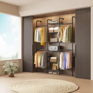Industrial Pipe Closet Organizer System Wall Mounted Heavy Duty Metal Garment Rack with 6 Wire Shelves Expandable Clothing Rack Storage System Open Wardrobe Clothes Hanging Rods Bedroom Walk-in Closet Matte Black