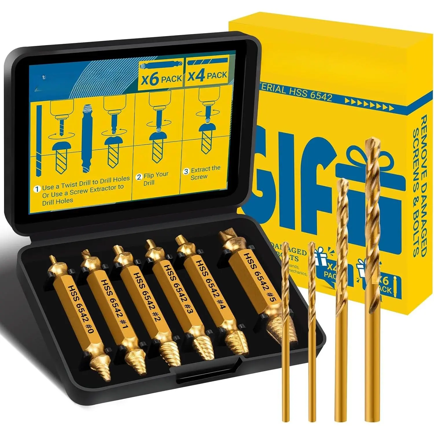 10 count Damaged Screw Extractor Set, 6 count HSS 6542 Screw Extractor Remover Kit and 4 count Twist Drill Bit Kit for Stripped Screws & Drill Bit Tools, Gifts for Men