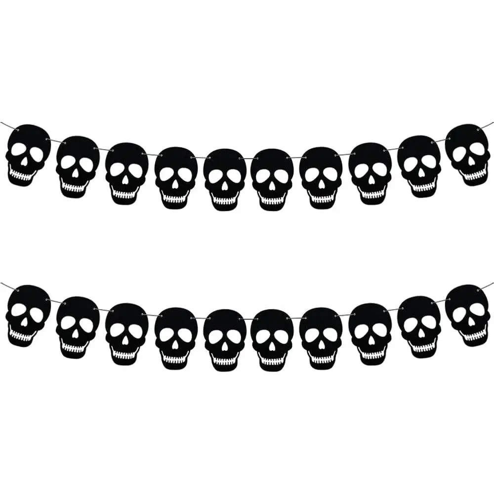 2 Pack Black Felt Skull Garland Banner Skeleton Garland Halloween Banne for Gothic Birthday Party Decorations DIY  Decor
