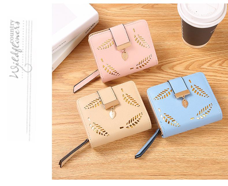 Leaf Short Wallet for Women Korean Style Hollowed Out Fashion Trend Change Zipper Card Bag PUCortical Embossed Leather Daily Matching