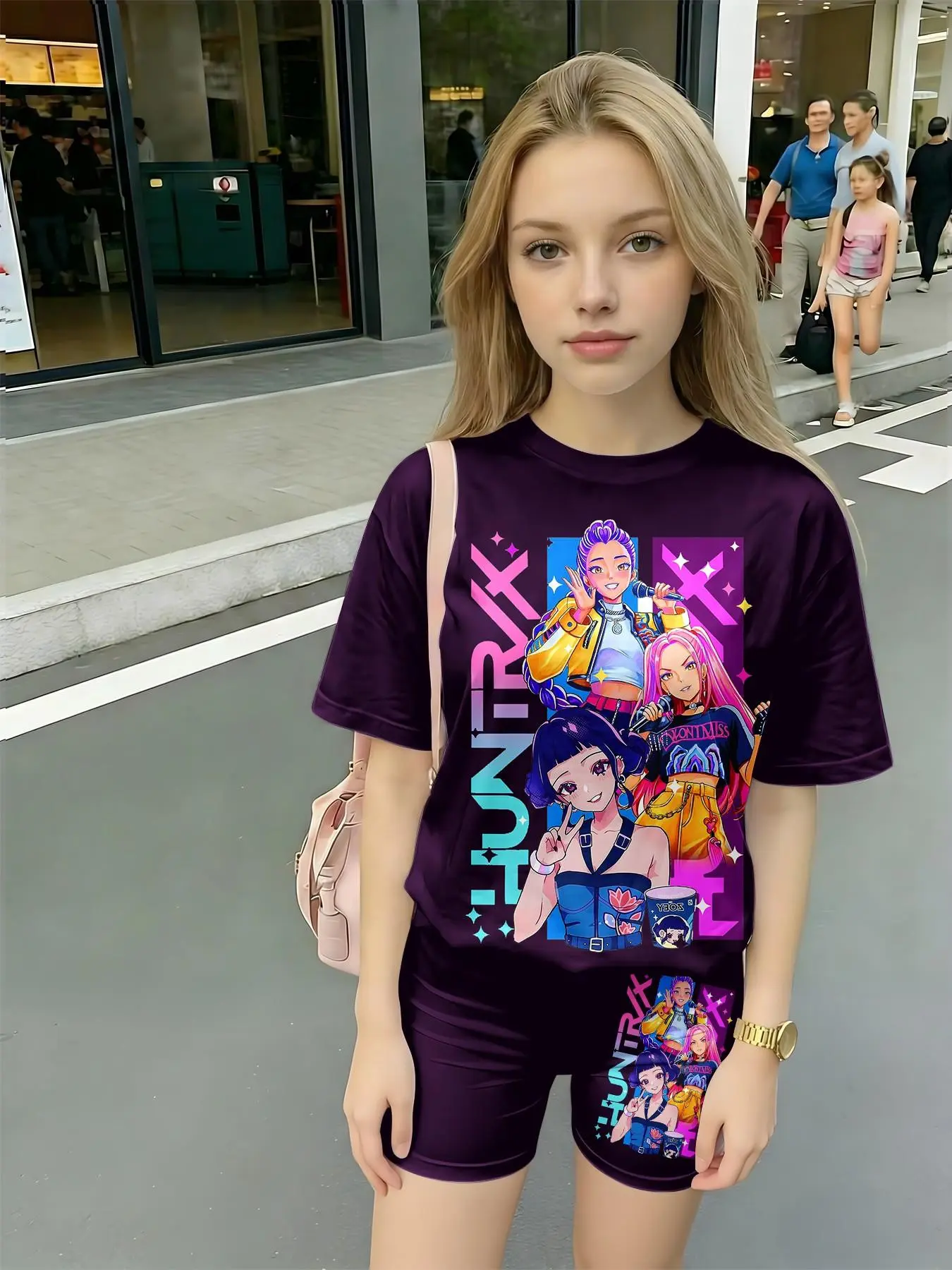 Anime Full-Print Family Matching, Contrast Color Asymmetrical Design, Casual Crop Top & Shorts Set, Fit, All over Print, Short Sleeve