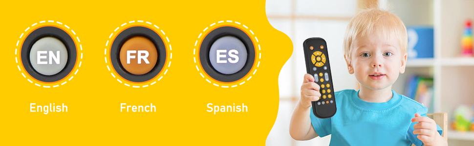Baby TV Remote Control Toy 6 Month+, Toddler Realistic Remote Toy with Sound and Light, Early Educational Music Toys with 3 Languages English French Spanish for Infant Boys Girls 6 12 18 months