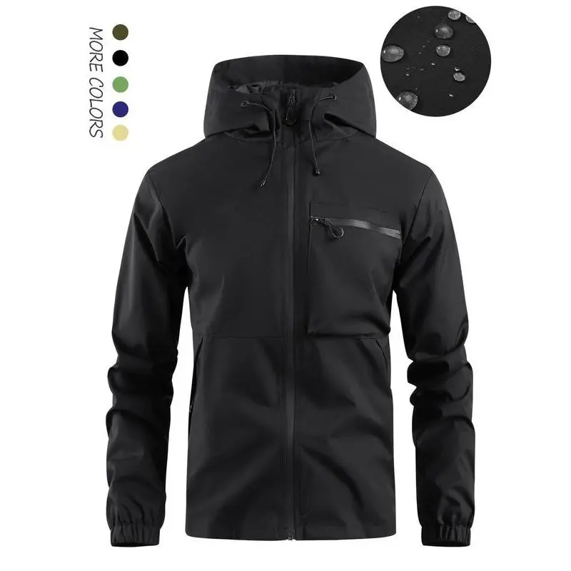 Men's Solid Pocket Drawstring Zip Up Hooded Waterproof Jacket, Regular Fit Casual Long Sleeve Windproof Jacket for Fall & Winter, Men's Outerwear for Outdoor Activities Technical Jacket