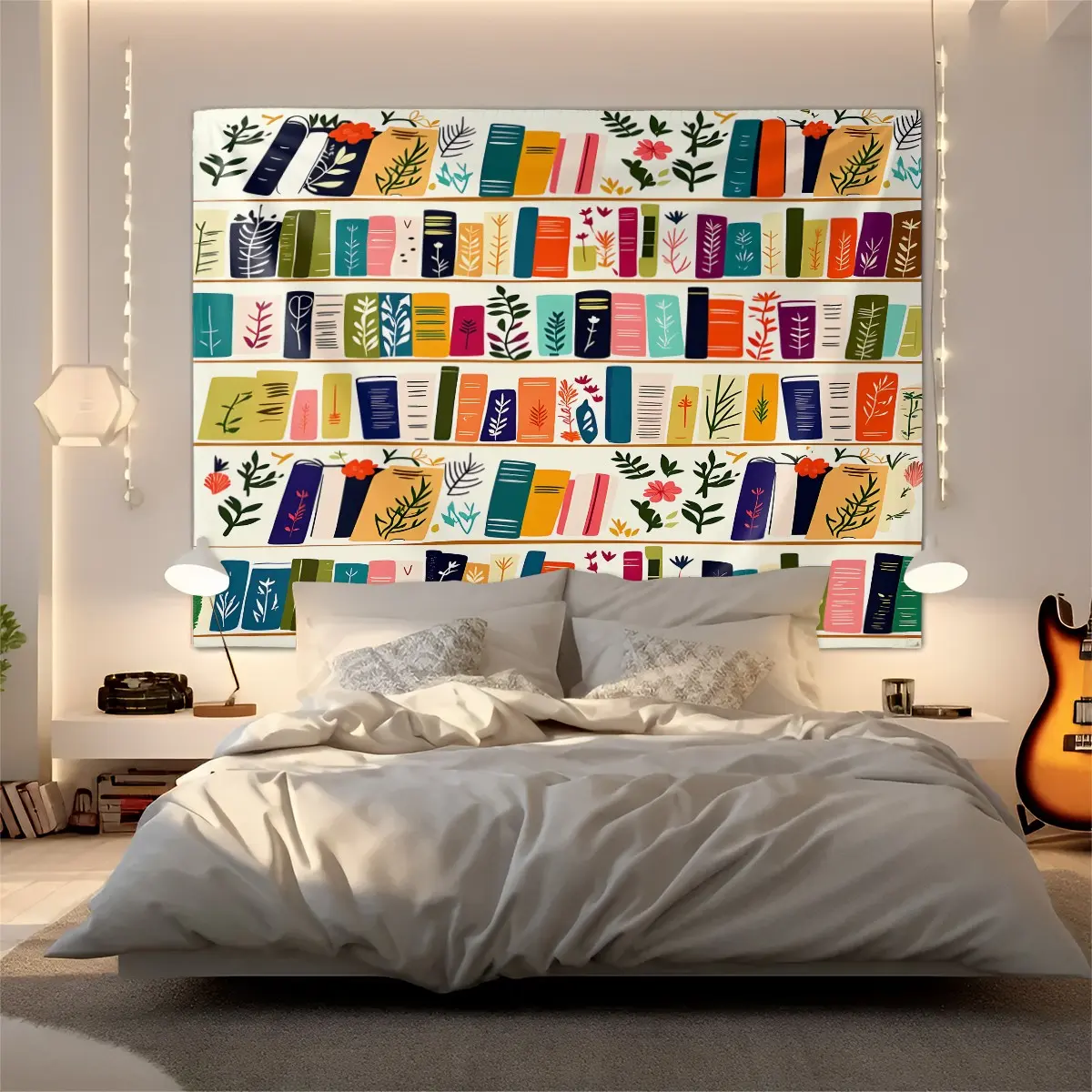 Botanical Bookshelf Print Tapestry, Book Lover Wall Hanging Tapestries, Colorful Book Spines Art Tapestrys, Lightweight Fabric for Bedroom Dorm Living Room Home Decor