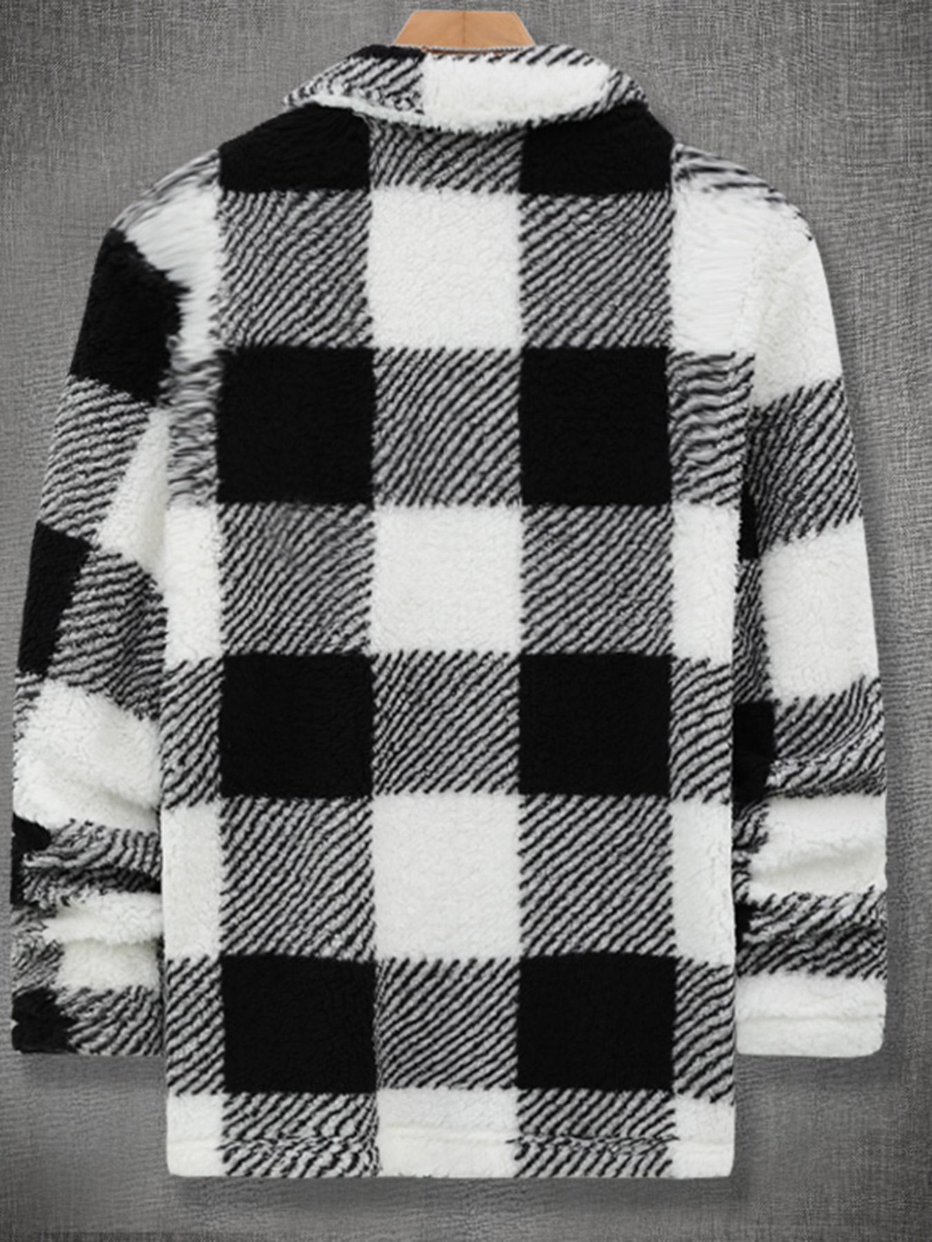 Men's Plaid Print Button Front Fuzzy Lounge Jacket, Casual Long Sleeve Collared Outerwear for Fall & Winter, Men's Sleepwear for Daily Wear, Casual Style Outerwear, Casual Fitted Jacket