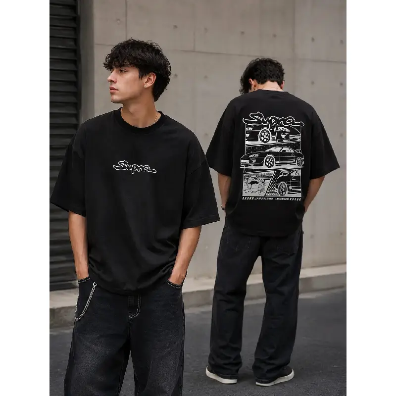 Men's Thick Oversized Loose-Fit Retro Cotton Round Neck Short-Sleeve Casual T-Shirt - Japanese Legend Supra 90s-Inspired Fun Graphic Print, Premium Fabric, Streetwear Menswear Top, for Everyday,Vacation