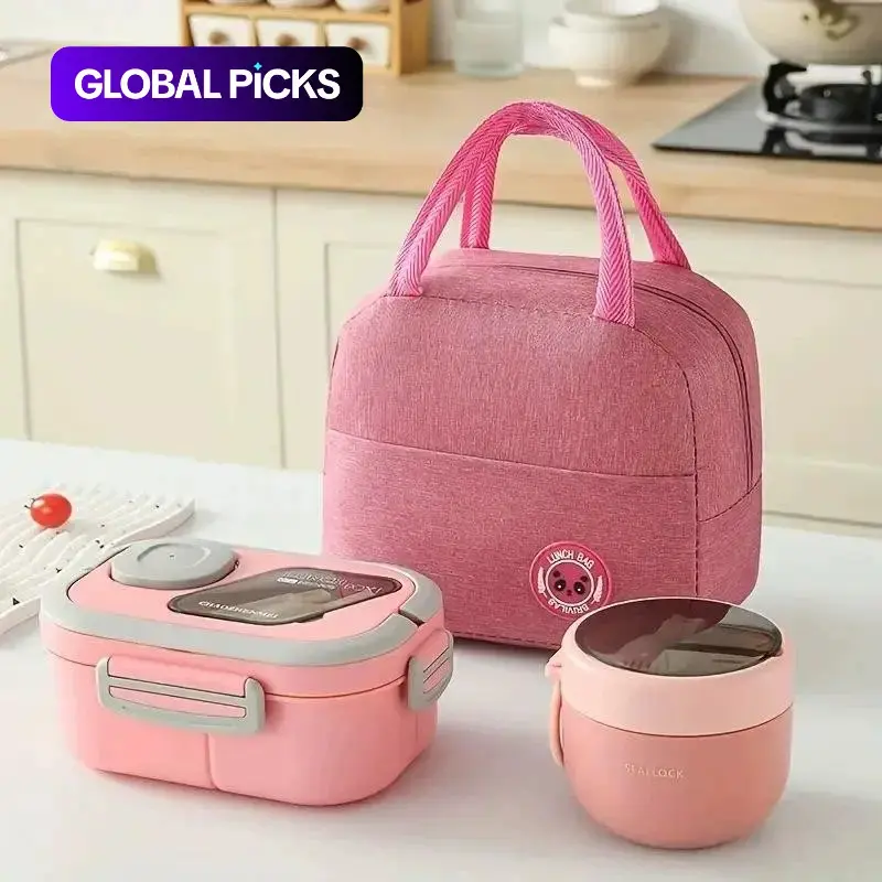 Lunch Box Set, 3 Counts/set Including 1 Bento Lunch Box, 1 Cup & 1 Storage Bag, Portable Travel Leakproof Lunch Box with Bpa Free Compartments for Outdoor Camping Picnic, Suitable for Adults and Teens