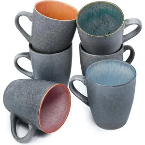 BTT- Porcelin Coffee Mugs Set, 12 oz (350ml), 6 Pck, Cermic Coffee Mugs, Mtte Blck Outside nd Colorful Inside, Resturnt Cups for Te, Cppuccino, Coco, Cerel, Mug  Set, Dishwsher Sfe
