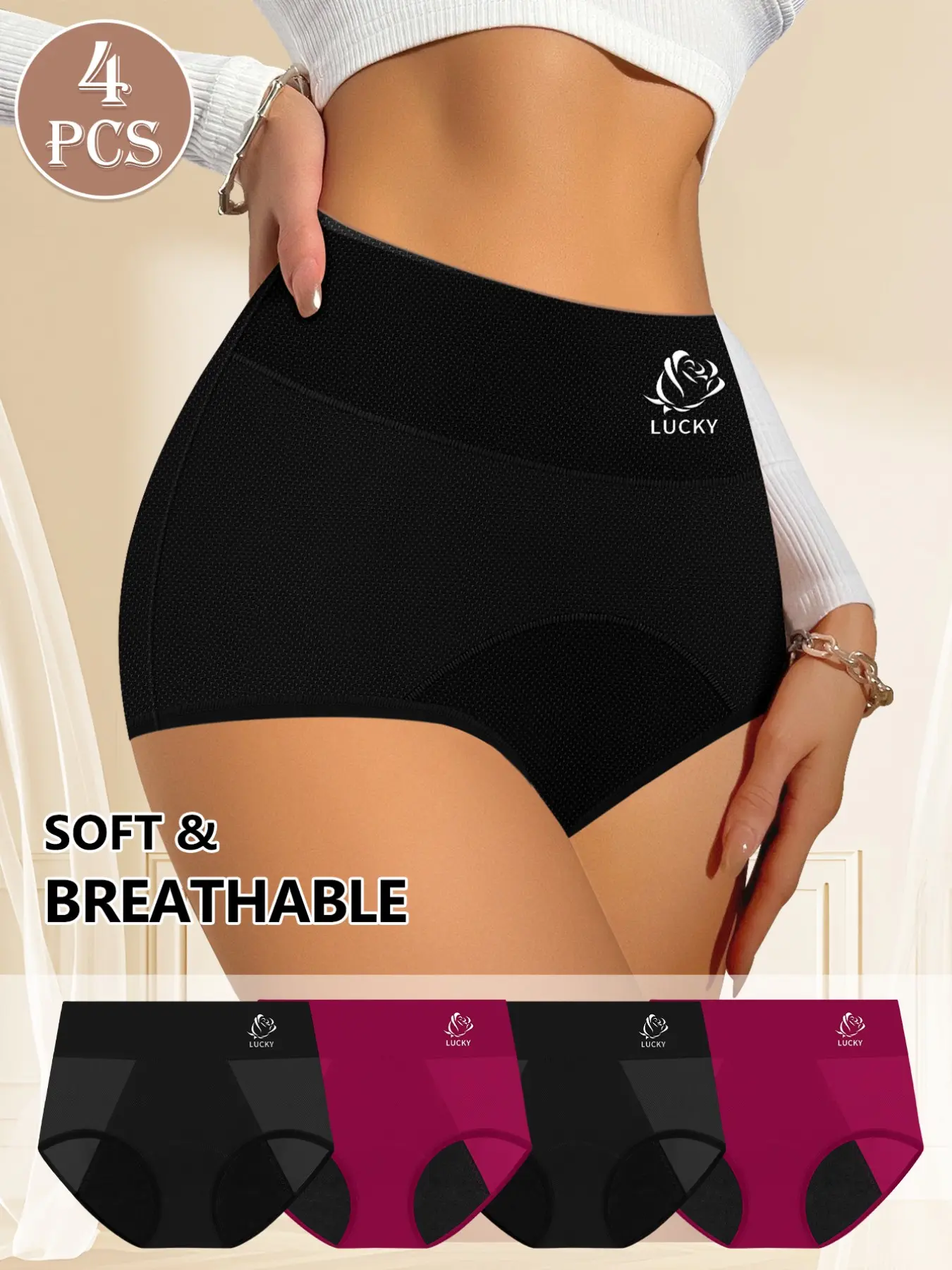 4-Pack Menstruation Underwear, Casual Wide Waistband Stretchable Breathable Pants, All-Season Slim-Fit Plain Design, Panties