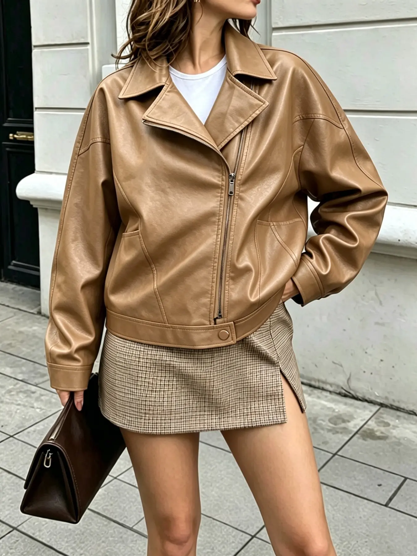 Women's Motorcycle Jacket with Lapel and Zipper, Short Retro Jacket, Casual Fashion Outerwear for All Seasons