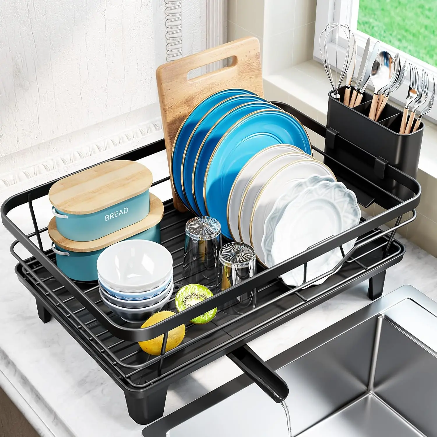 Dish Drying Rack for Kitchen Counter, Sink Dish Rack with Drainboard 12.2" W x 16.5" L, Large Dish Drainer with Cutlery Holder,  Countertop Plate Dryer Storage Rack, Black