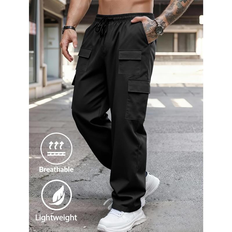 Men's Solid Cargo Pants - Lightweight Breathable, Drawstring Elastic Waist, Multi Pockets, Regular Fit Non Stretch - Versatile Casual Pants for Daily Wear, Hiking & Outdoor Activities | Spring Fall Outfits