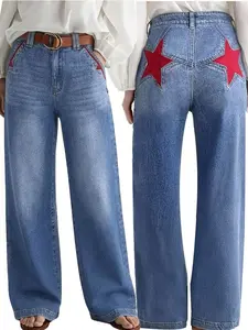 American Vintage Women's High-Waisted Jeans, Loose Straight Leg, Washed Look, Heart and Star Design, All-Season Fashion, Unique Style