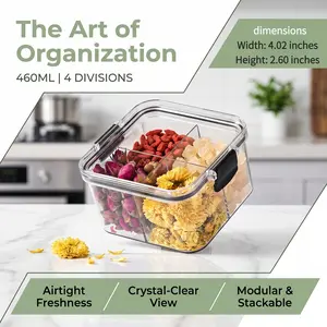2 PCS plastic square food storage containers with lids - 4-compartment airtight jars, rounded corner design, stackable for kitchen, fruits, snacks, dry goods storage - transparent, leak-proof seal, Airtight sealed container-YY1