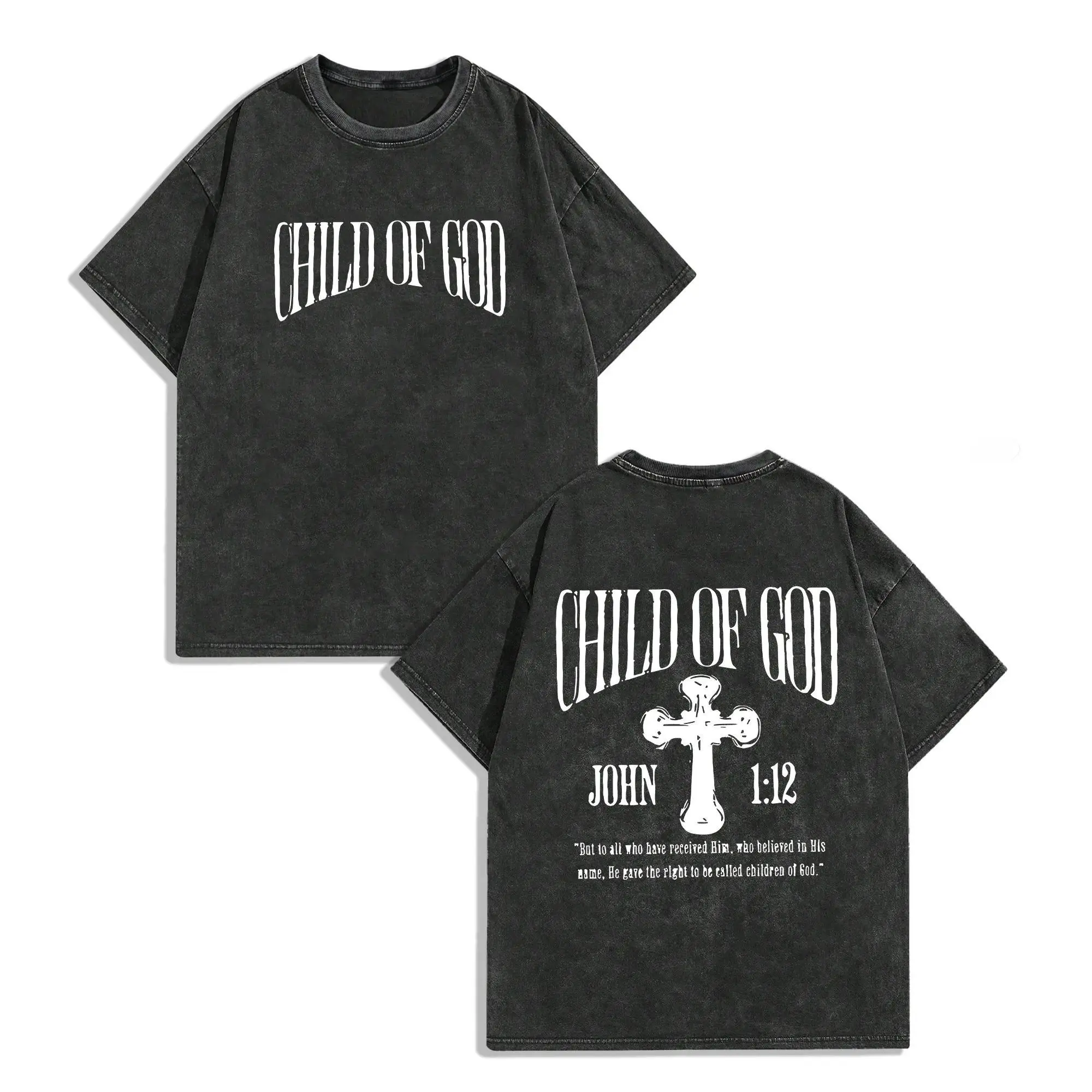 Child Of God God Blesses You Classic Retro Fashion Street Cross Jesus Popular Letter Pattern Print 230g Washed Cotton T-Shirt Men's Summer High-Quality Vintage Casual Round Neck