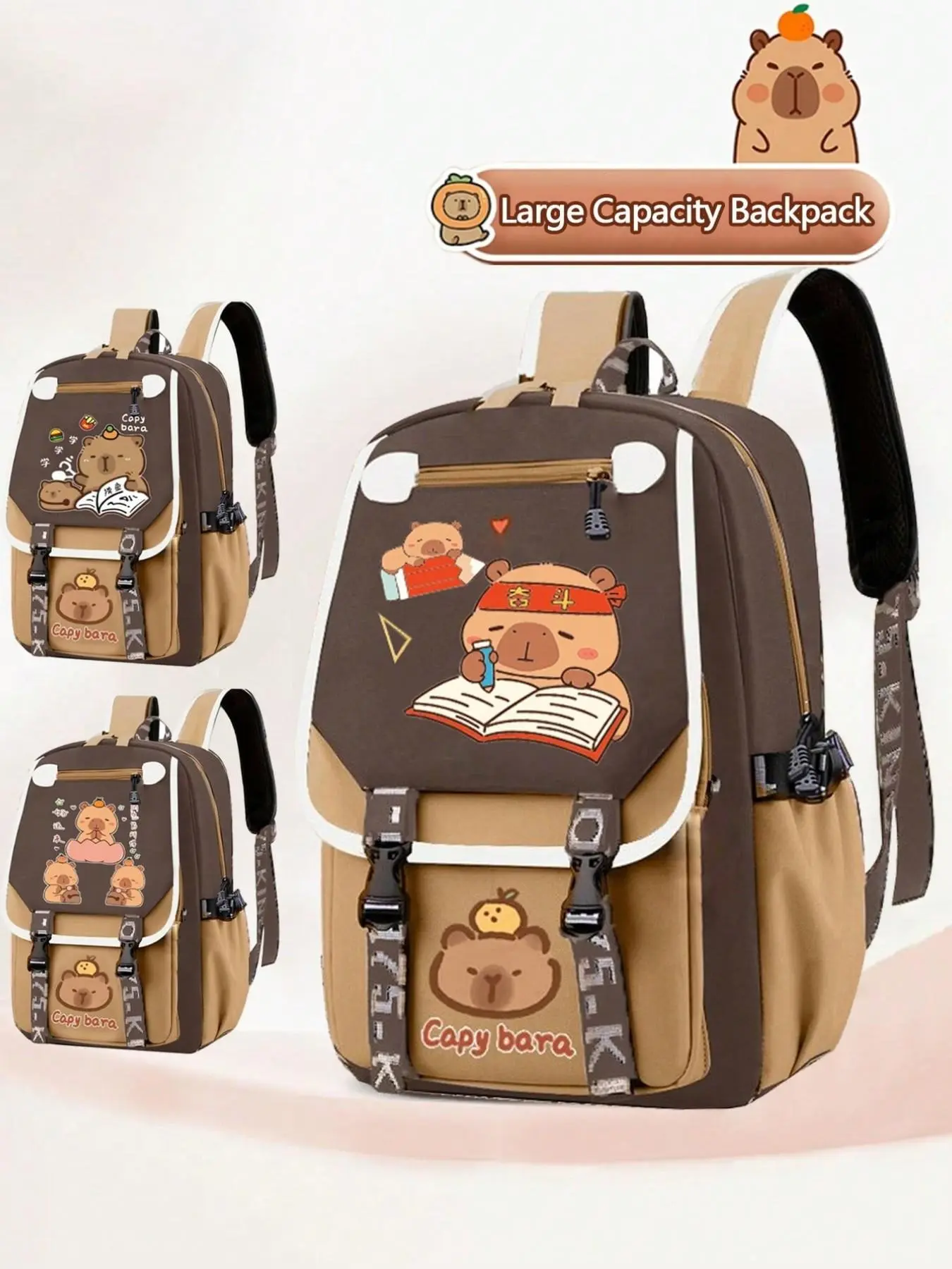 Cute capybara patterned color-block backpack, large capacity, lively and adorable, multi-pocket design. Fashionable backpack, practical tote bag. Personalized cartoon backpack, lightweight backpack, Casual Printed Backpack.