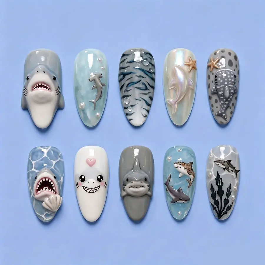 10pcs Medium Almond Fake Nails, Kawaii Ocean Shark Series, Blue Water Texture, 3D Shark Face, Waterproof Press on Nails, Nail Art, Nail Art Design, Diy Nails, Full Application Kit