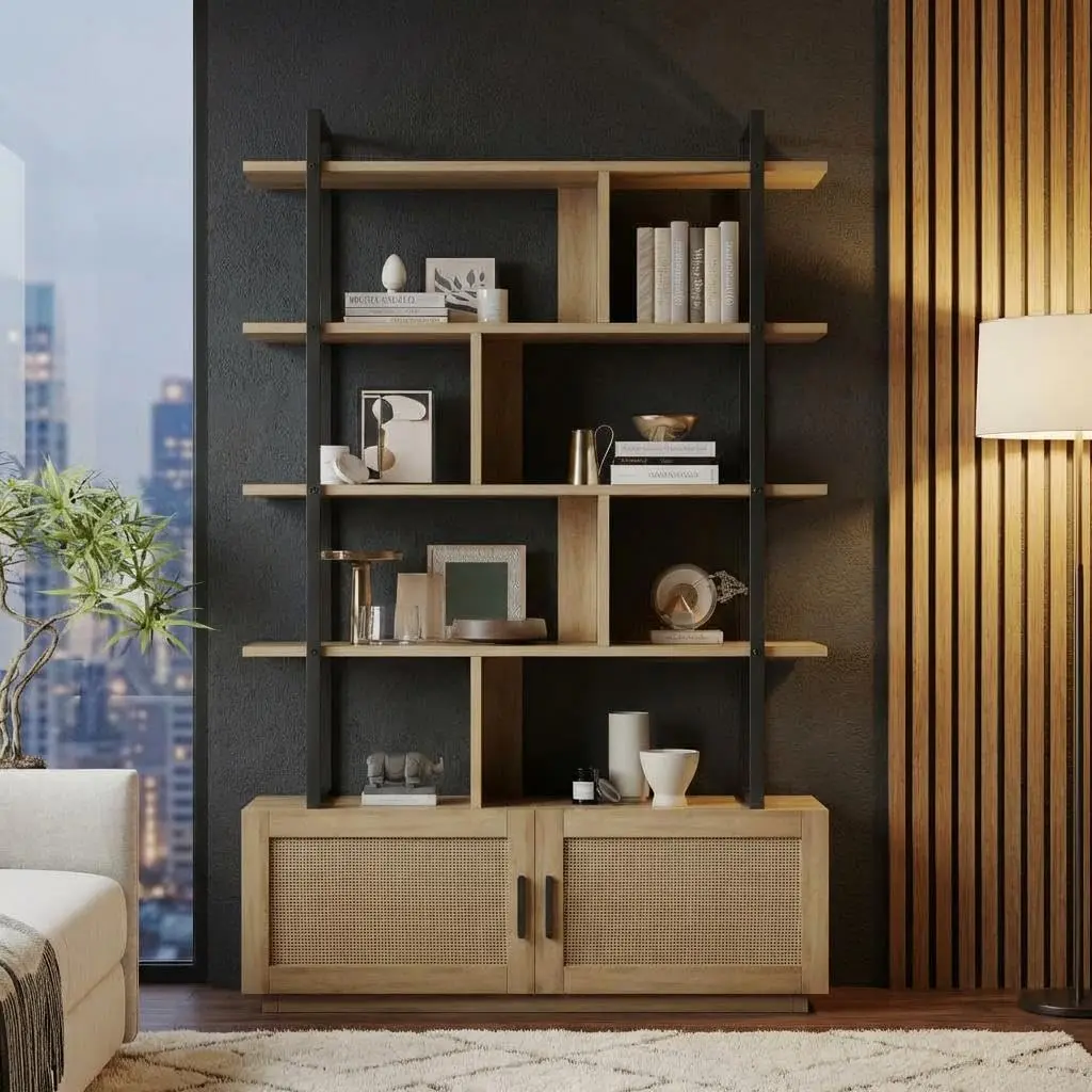 Garvee 5-Tier Industrial Bookcase with Metal Frame and Storage Cabinet, 71.1" Tall - Features Open Display Shelves and Closed Door Compartment for Living Room, Bedroom, Home Office