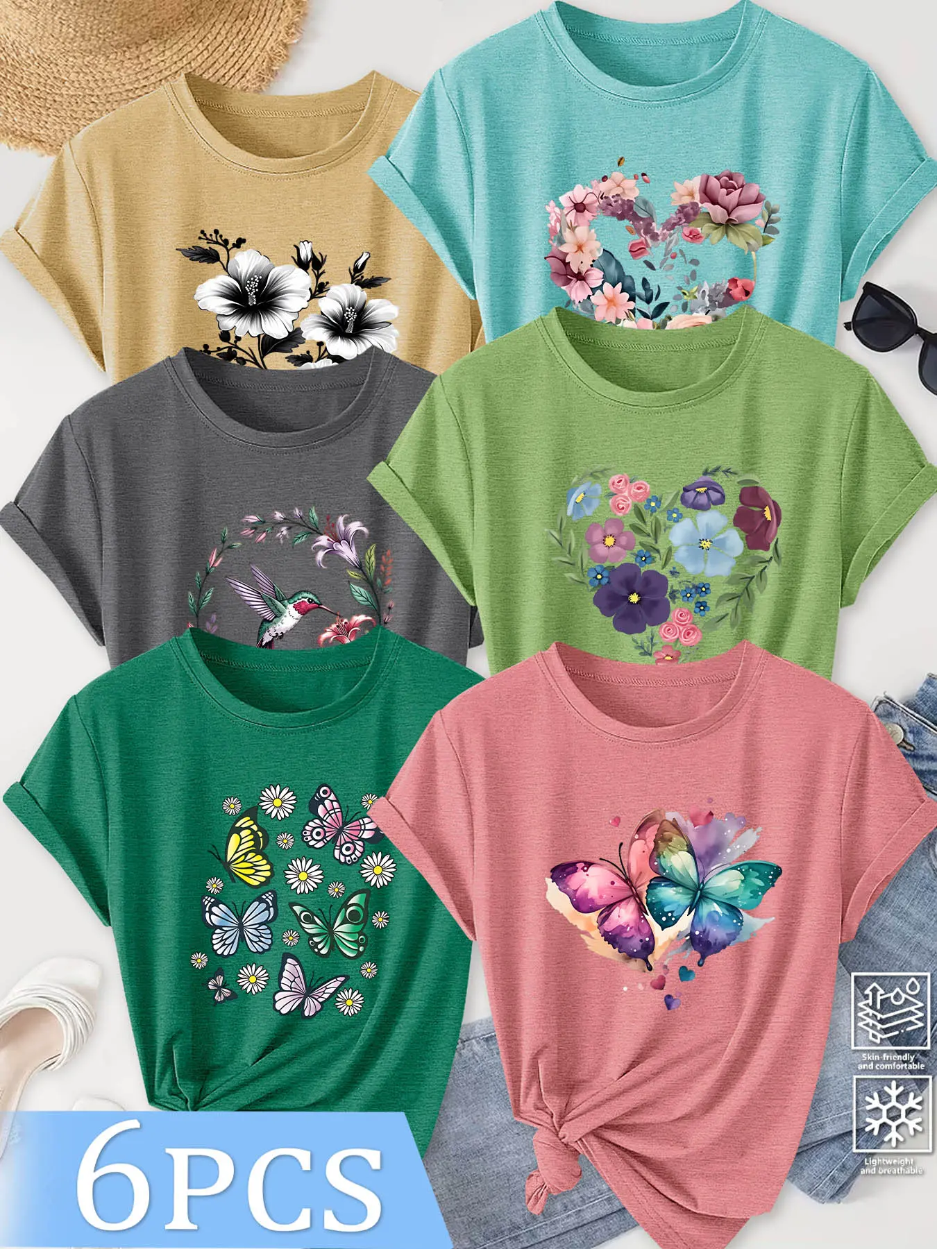 6Pcs Women Crew Neck T-shirt, Floral Wreath Hummingbird Gradient Butterfly Romantic Girl Print, Soft Aesthetic Washable Daily Fashion Tee Outfit