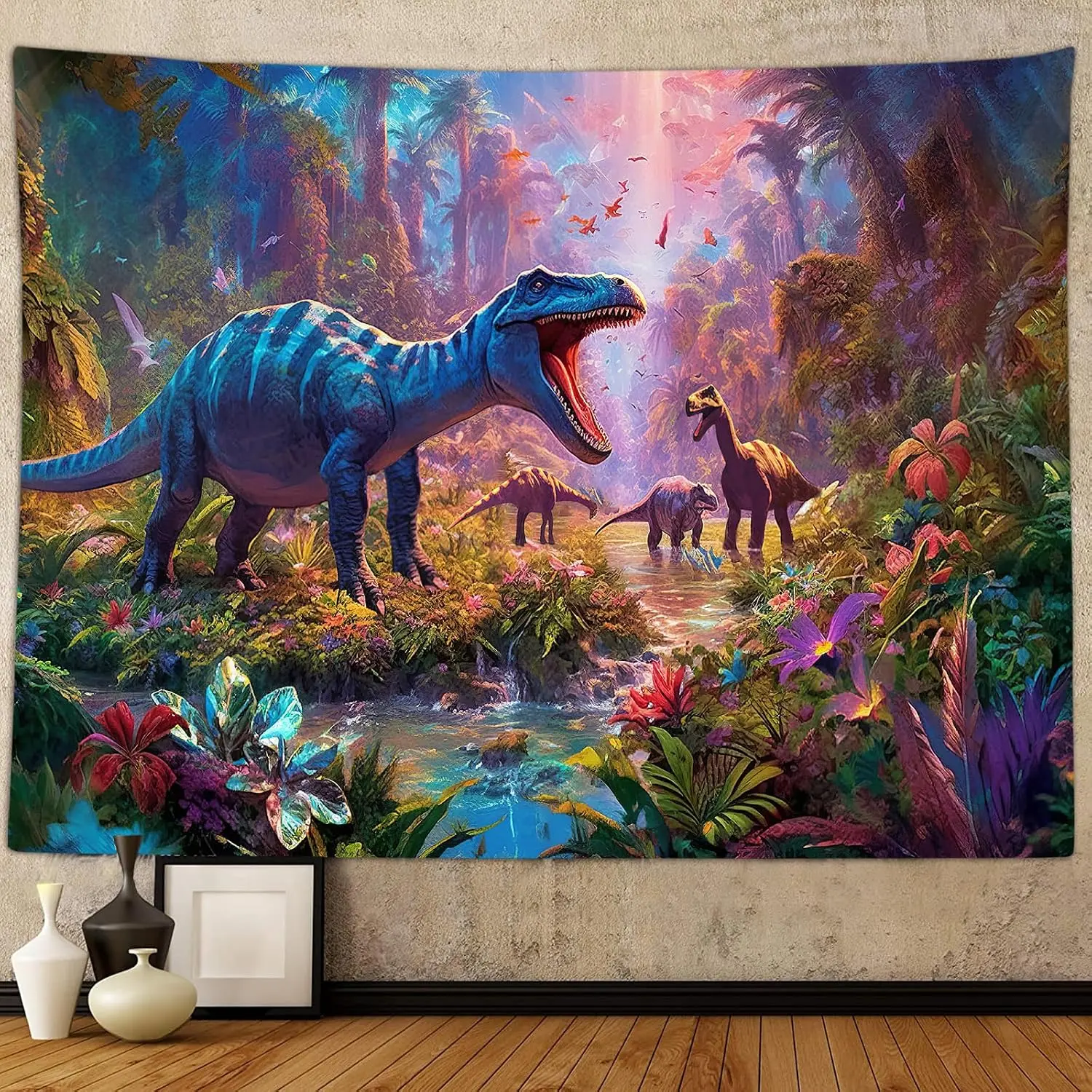 Polyester dinosaur decorative tapestry, suitable for a boy's bedroom; cool ancient animal Tyrannosaurus Rex forest art tapestry, suitable for university dormitories, living rooms, and offices.
