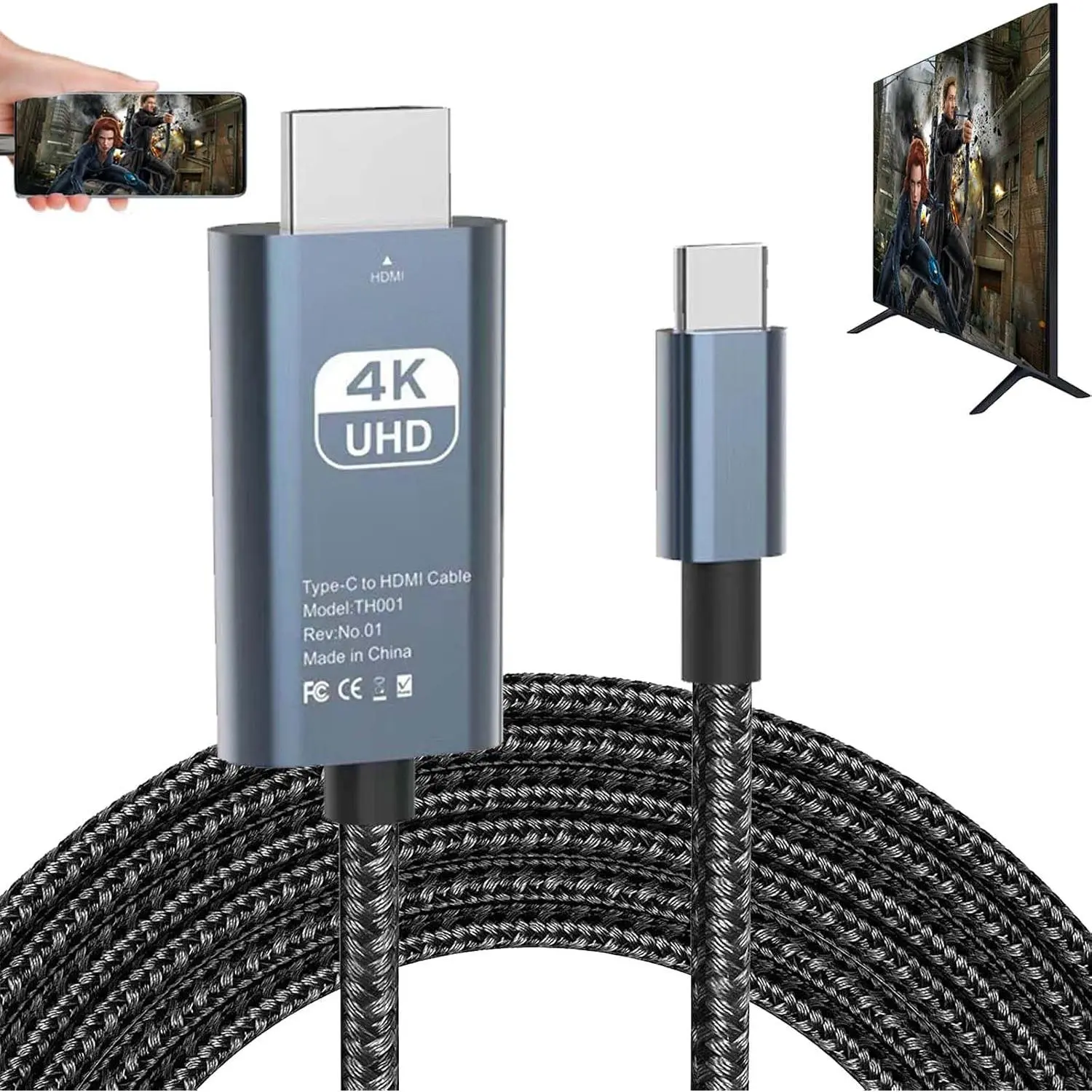 HDMI Adapter USB Type C MHL Cable Braided 4K HD Video Converter HDTV Cord for Mirroring Projector Monitor TV Compatible HP Laptop MacBook Samsung Note 9 20 Plus Galaxy S20 S21 S22 S23 Android Phone