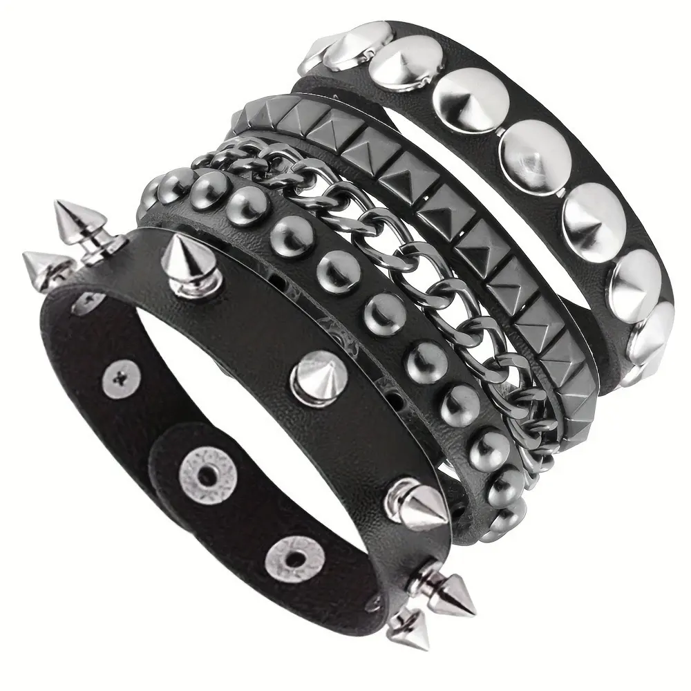 3Pcs Punk Rivet Spike Studded Bracelet Set Multi-layer Gothic Rock PU Leather Cuff Wristband Bracelets for Men Women Stackable Retro Emo Cuff Bracelets Halloween Accessories Cuff Bangle Jewelry
