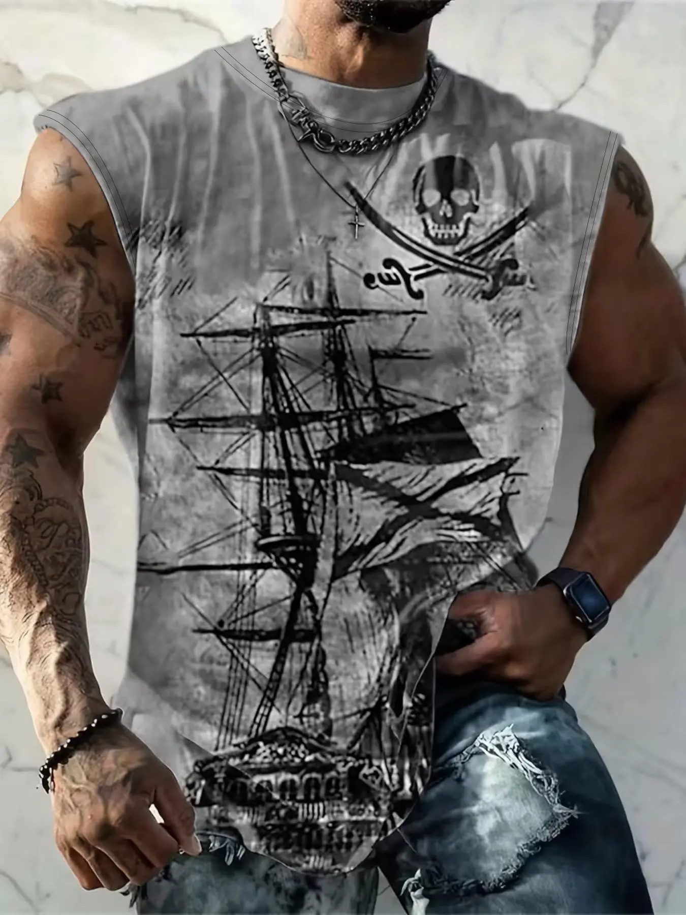 Men's Sleeveless Skull Pirate Ship Pattern T-Shirt, Casual Graphic Tee, Trendy Street Style Summer Top, Loose-Fitting All over Print Vest, Casual Street Wear