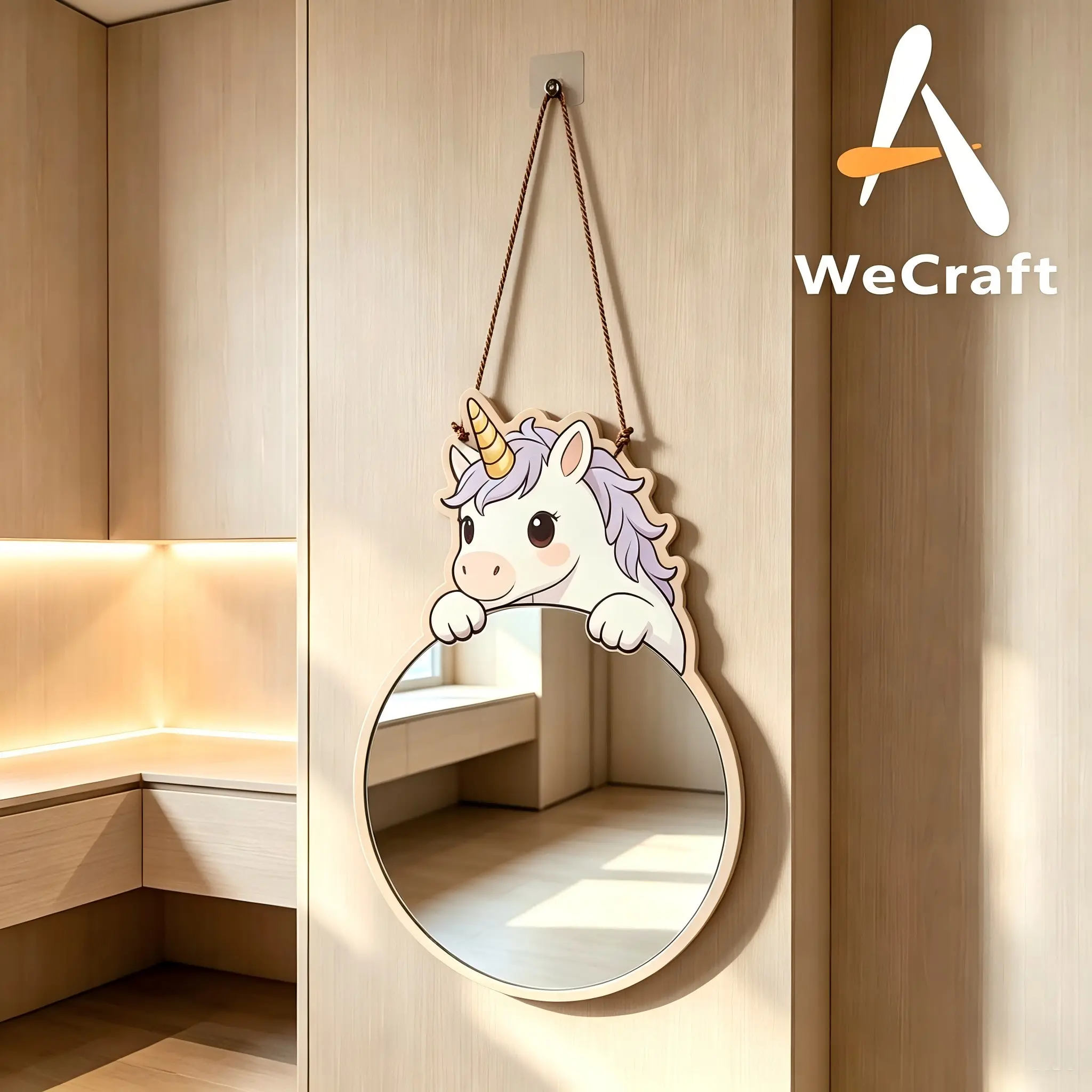 1Pc Cute Cartoon Unicorn Wood Hanging Wall Mirror, Animal Shaped Decor Vanity Mirror, Creative Wall Decor Mirror for Entryway Bedroom