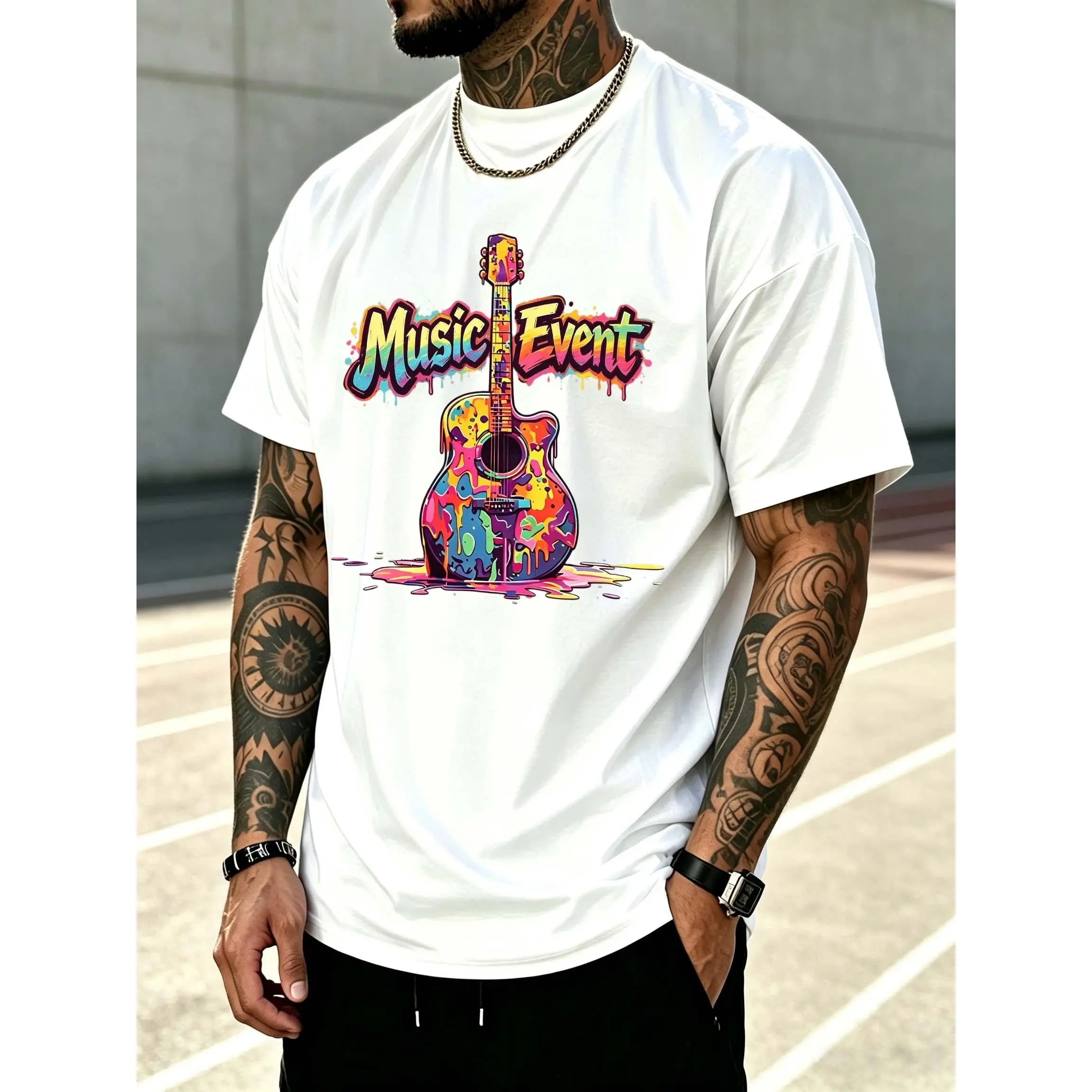Men's Rock Style Guitar Graphic T-Shirt, Heavy Cotton Blend Loose-Fit Top, Casual Short Sleeve Round Neck Menswear for Summer Events, Shortsleeve, Tops, Cotton-Poly, Guitar Print, Rainbow, Brushstroke