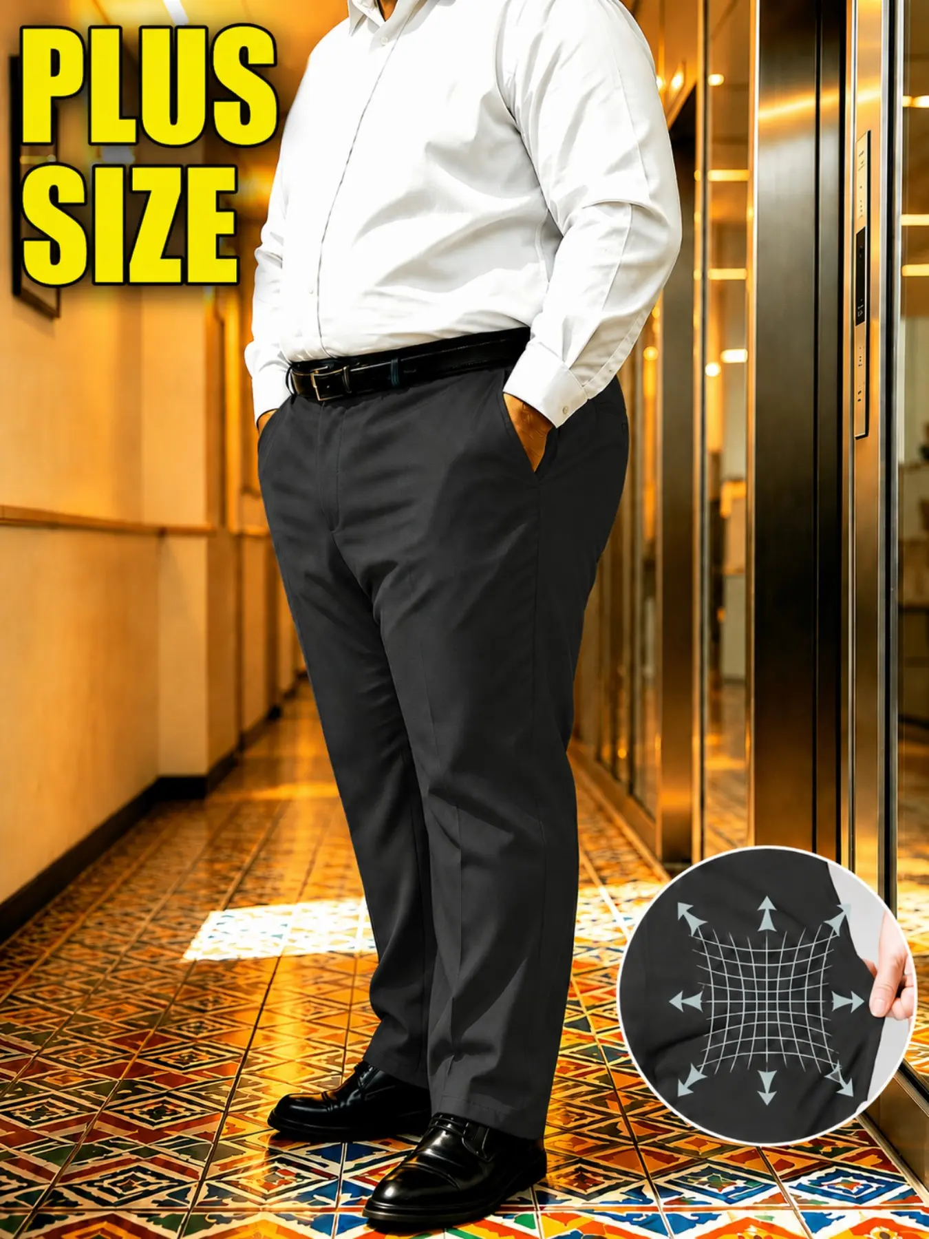 Men's Plus Size Elastic Dress Pants, Loose Fit Business Casual Long Pants, High Stretch Fabric, Ideal for Office, Weddings, Daily Wear