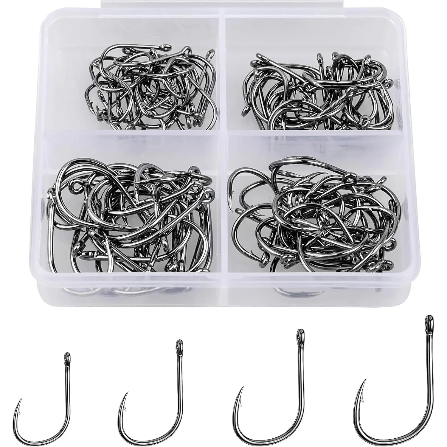 100/500PCS Fishing Hooks, Carbon Steel  Barbed Fish Hooks W/Box | 4/10‑Sizes , Hole‑Designed Barbs,  Sturdy Build, For Freshwater & Saltwater, Includes Portable Storage Box