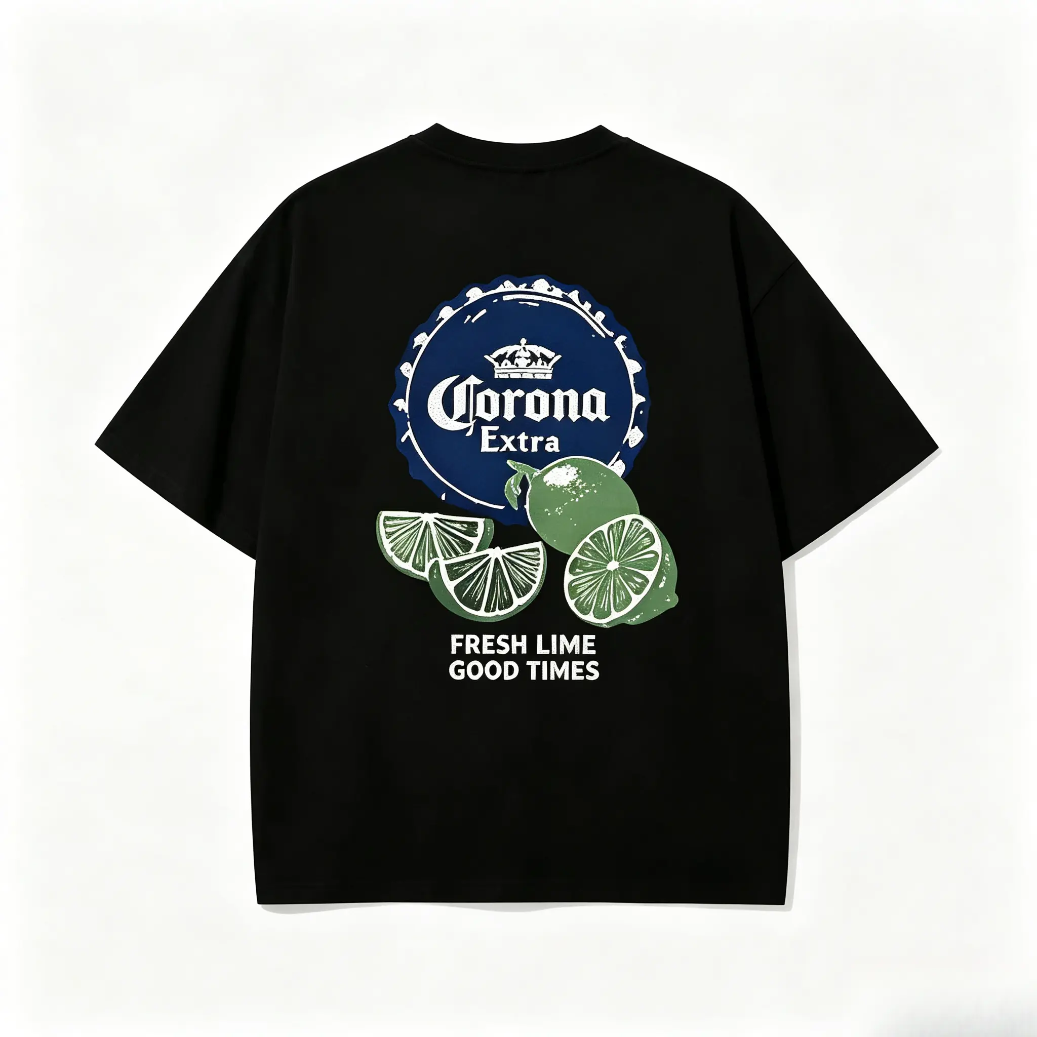 Retro Corona Extra Lime Slogan "Fresh Lime Good Times" Black Back Graphic Black Casual Summer T-Shirt